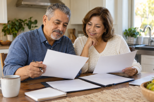 401k-rollover-home-photo Couple reviewing their 401(k) rollover and retirement income options