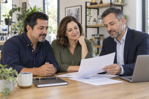 Business owners reviewing a protection plan with an adviser