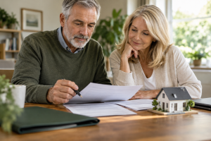 Couple reviewing an asset protection plan with a model home