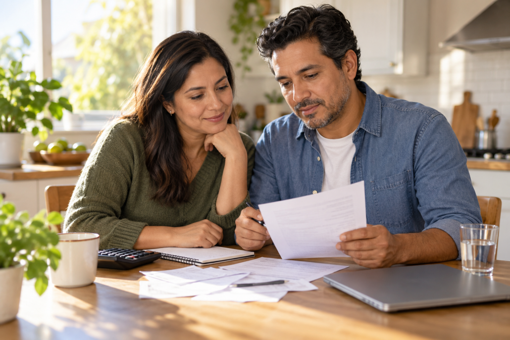 income-protection-home-photo Couple reviewing household expenses and life insurance with living benefits