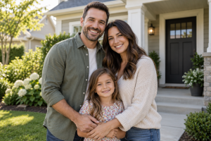 mortgage-protection-home-photo Parents and their child outside their home